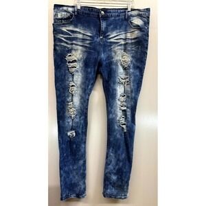 Encrypted Jeans Men 44x34 Blue Denim Cotton Stretch Distressed Streetwear Skinny